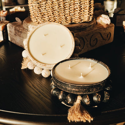 (Summer Scents) Beaded Round Bowl Candle - (Black or White)