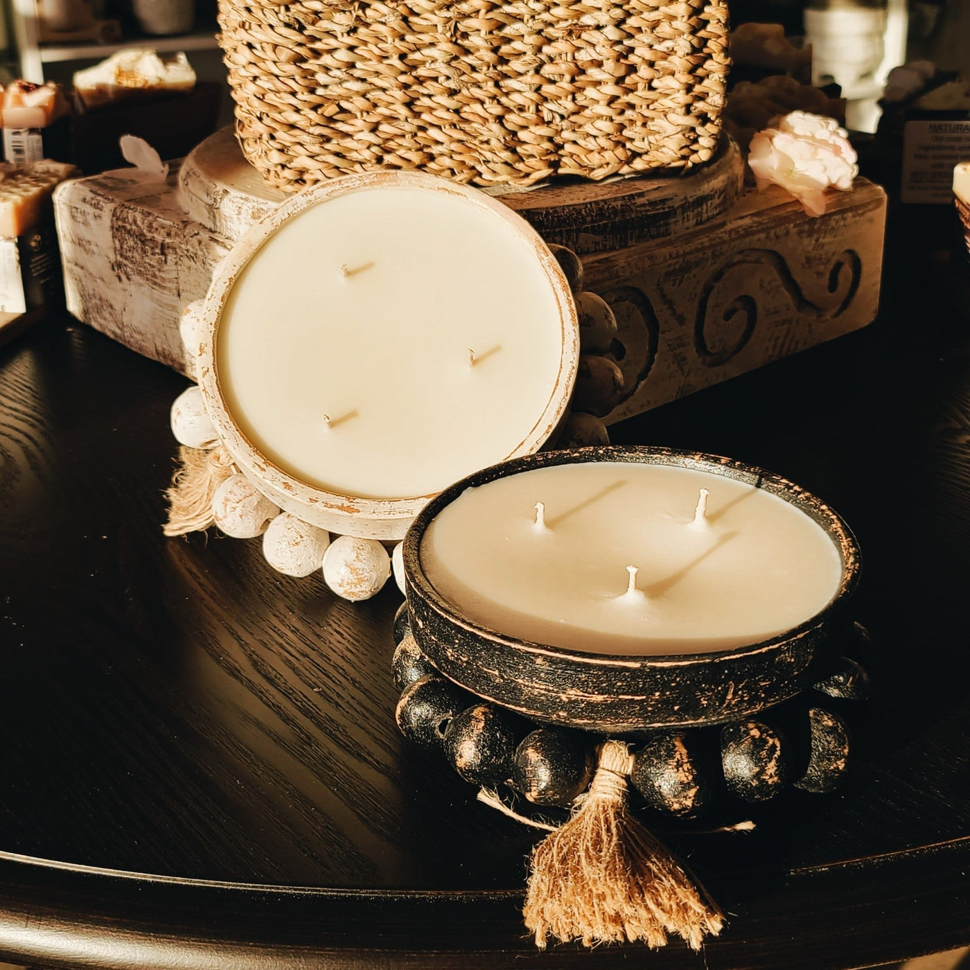 (Spring Scents) Beaded Round Bowl Candle - (Black or White)
