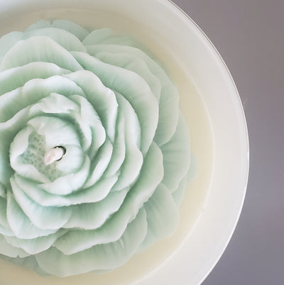 White Glass Peony Candle - Green